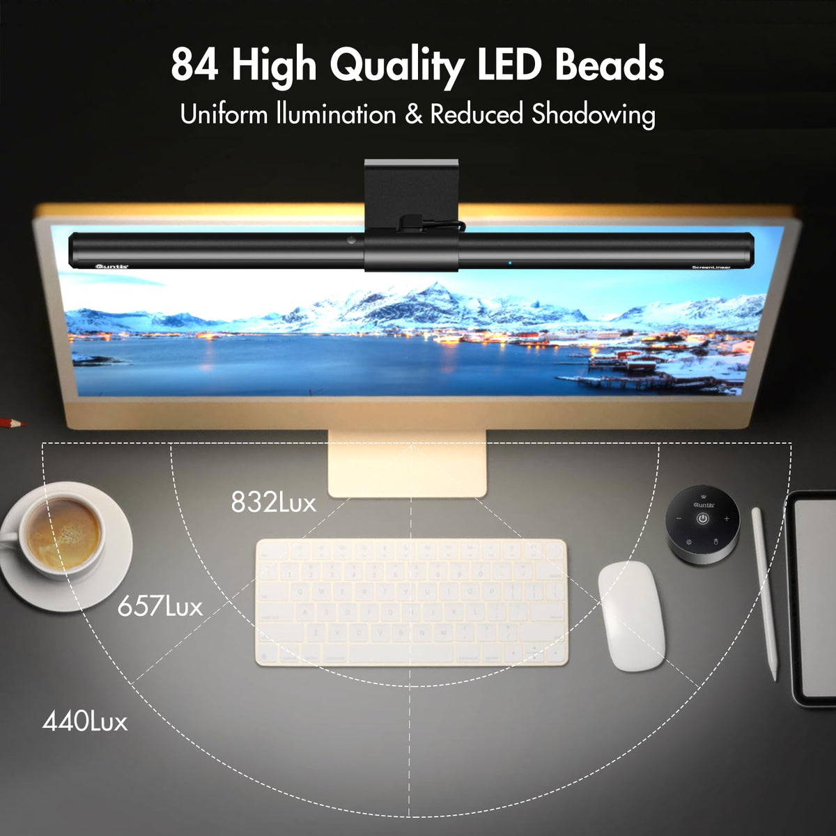 Quntis Monitor Light Bar 15-dots interface enables precise brightness and color control.