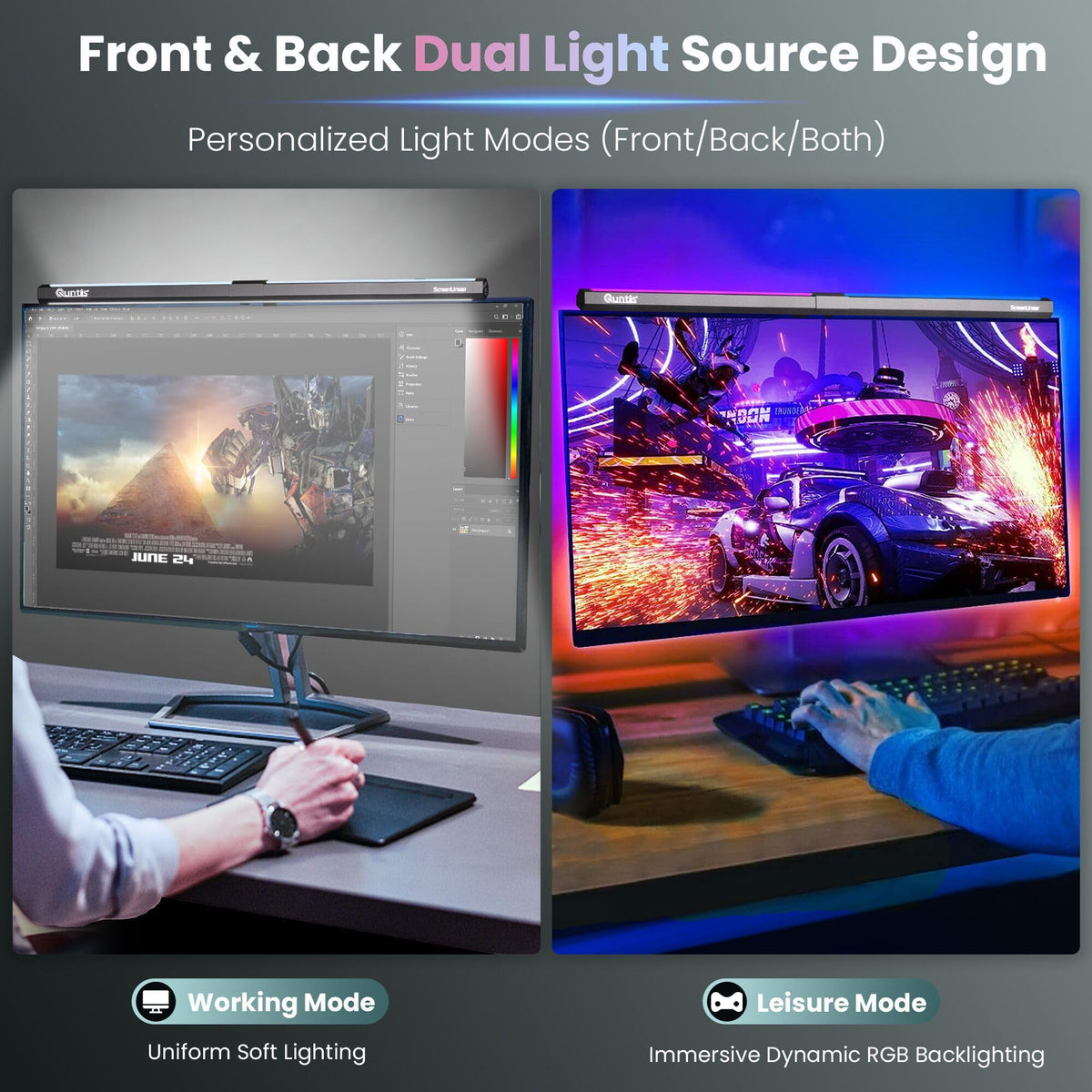 Quntis monitor light bar backlight creating ambient gaming mood without glare