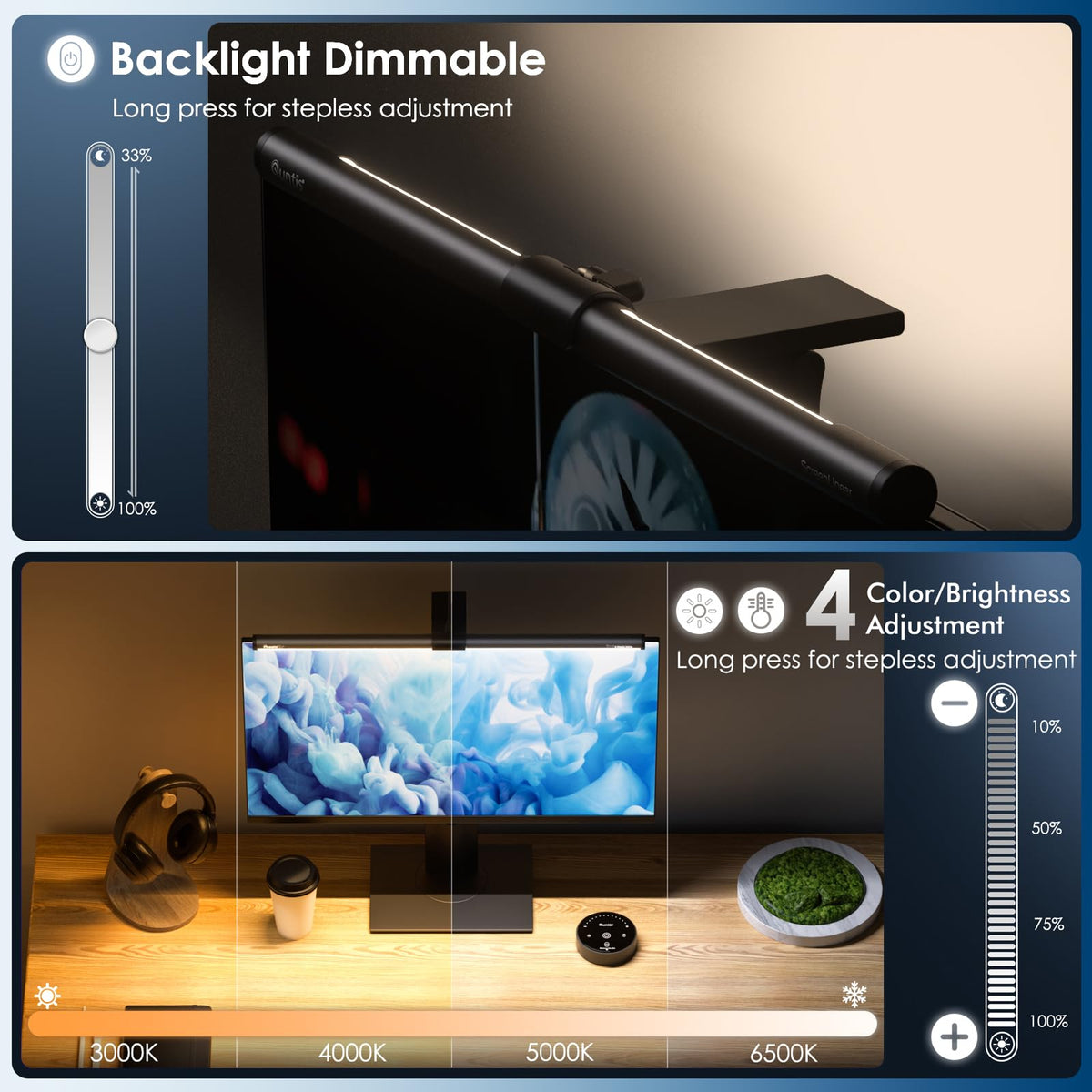 Quntis monitor light bar backlight brightness control for ambient glow.