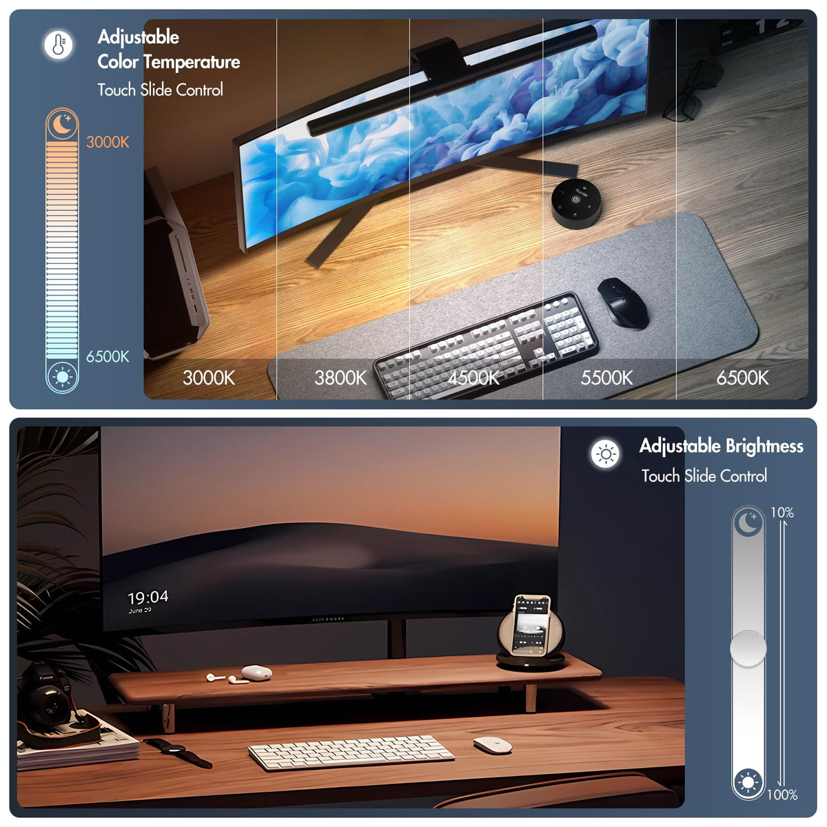 Quntis Monitor Light Bar clipped on curved monitor for stable, space-saving illumination.
