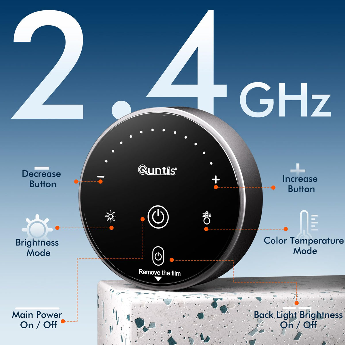 Quntis front and back lighting balances overall desk illumination.