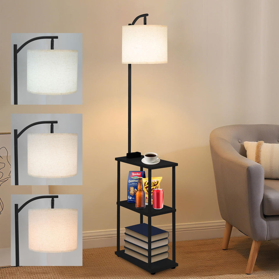 Qupui floor lamp with table front view showing integrated charging for devices