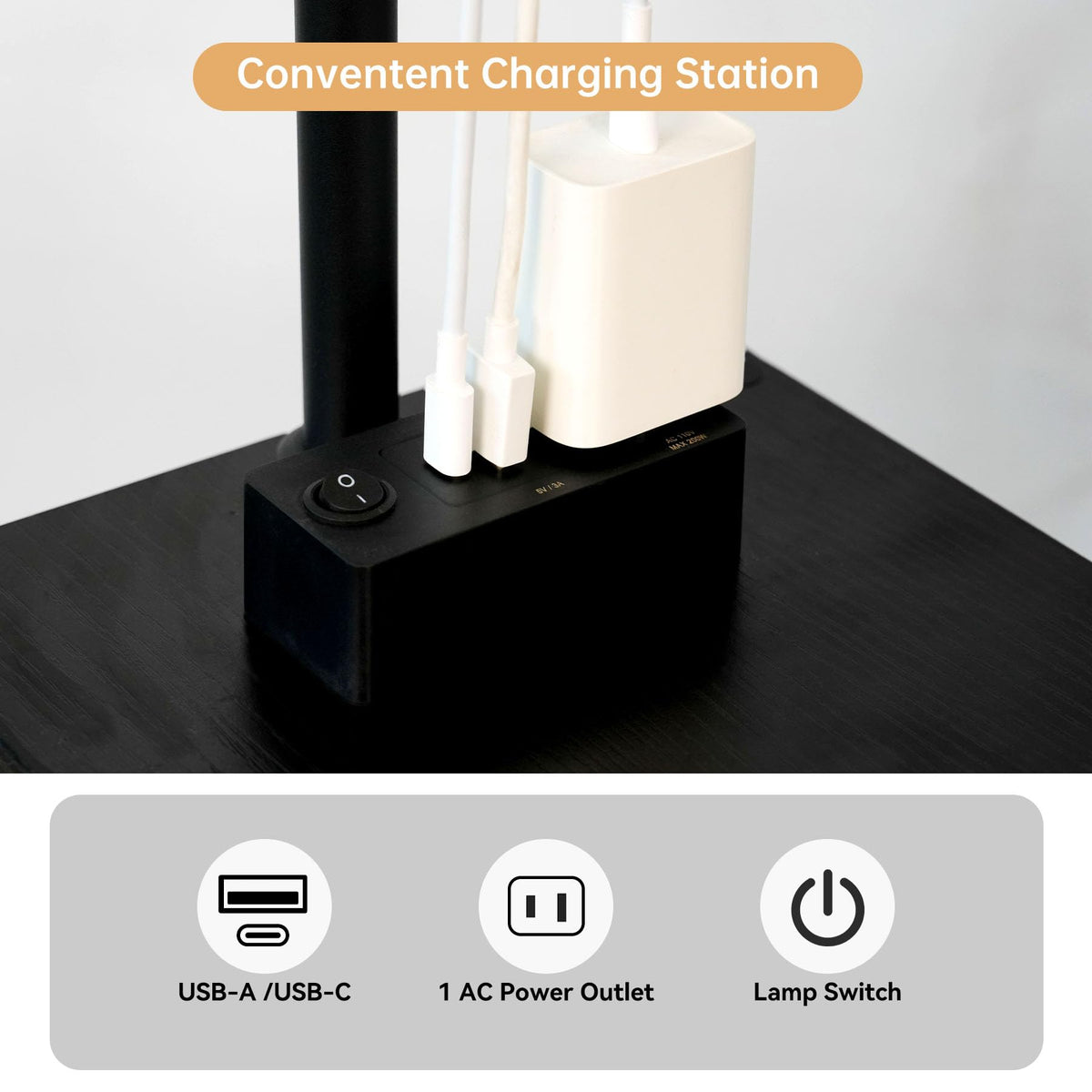 Qupui floor lamp with table side view highlighting accessible USB ports
