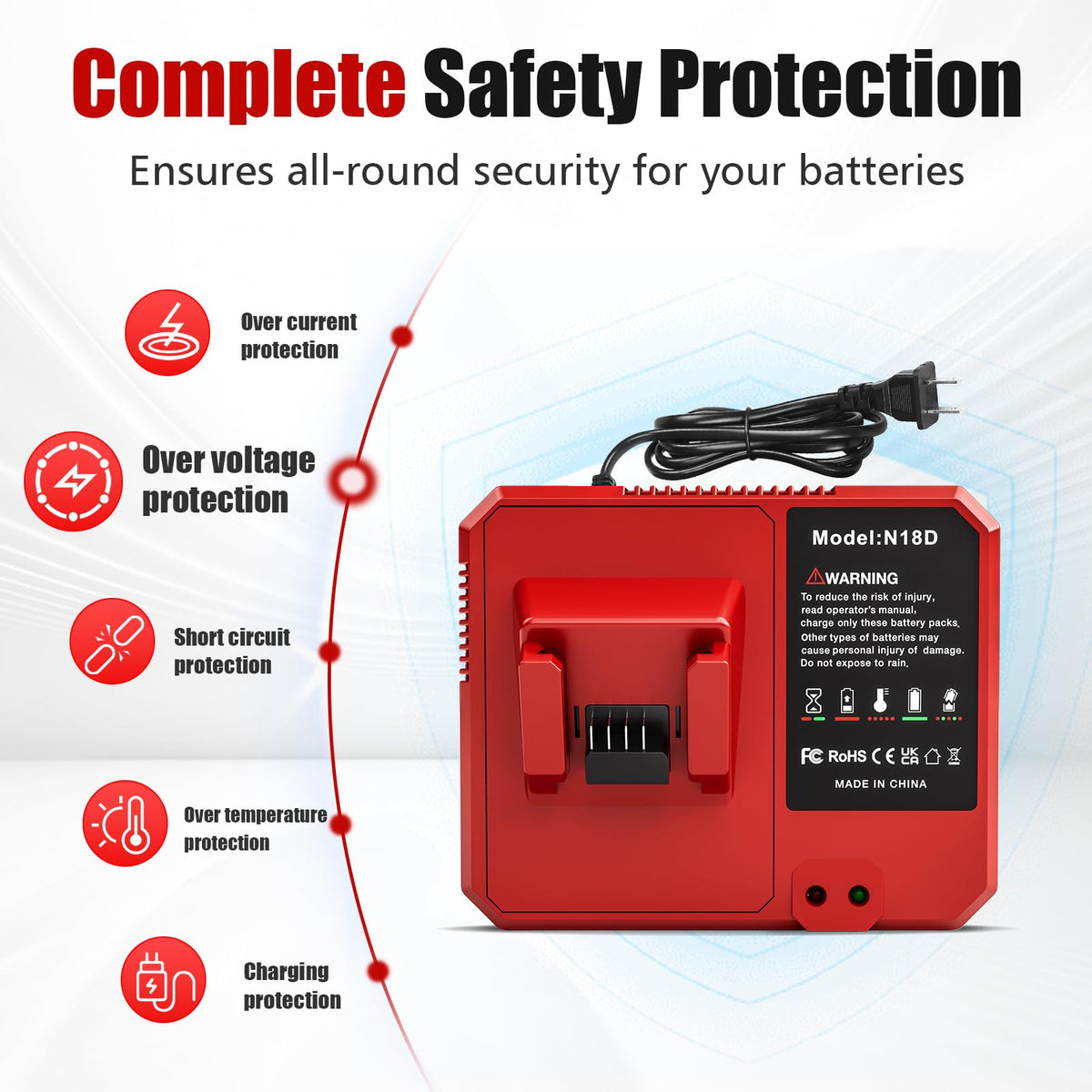 Extended base provides stability on uneven surfaces for N18C charger