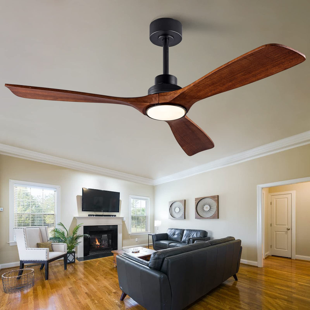 QUTWOB 52-inch fan with light in dark walnut, ideal for living rooms.