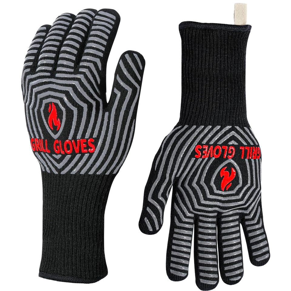 QUWIN BBQ gloves heat-resistance-1472f showcase safe handling of hot grills.