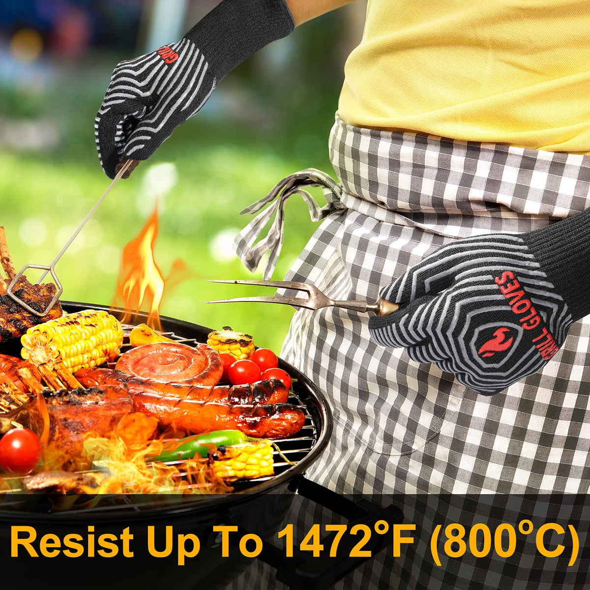 QUWIN BBQ gloves silicone-grip demonstrate non-slip control while lifting hot pans.