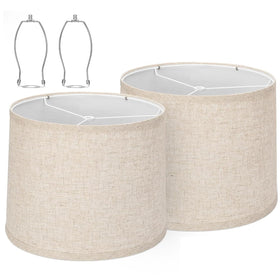 Qvtekn drum lamp shade in natural beige linen provides soft ambient light for living spaces.