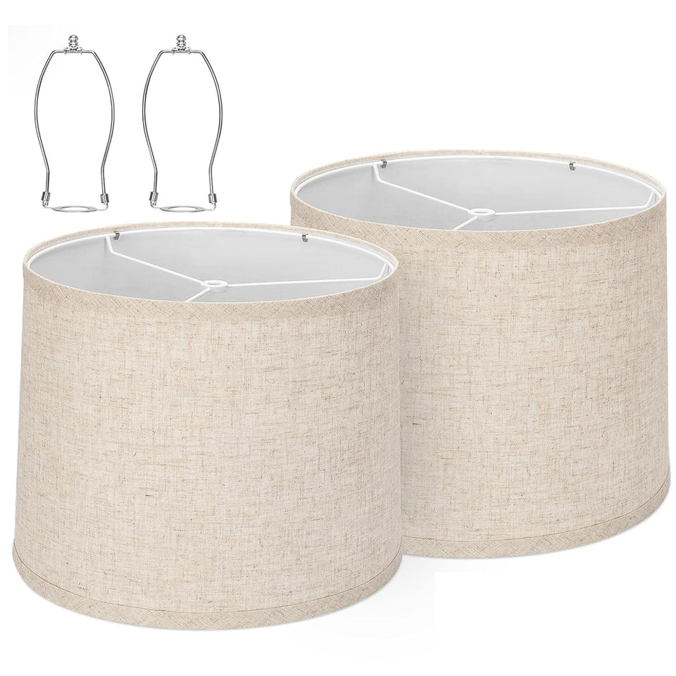 Qvtekn drum lamp shade in natural beige linen provides soft ambient light for living spaces.