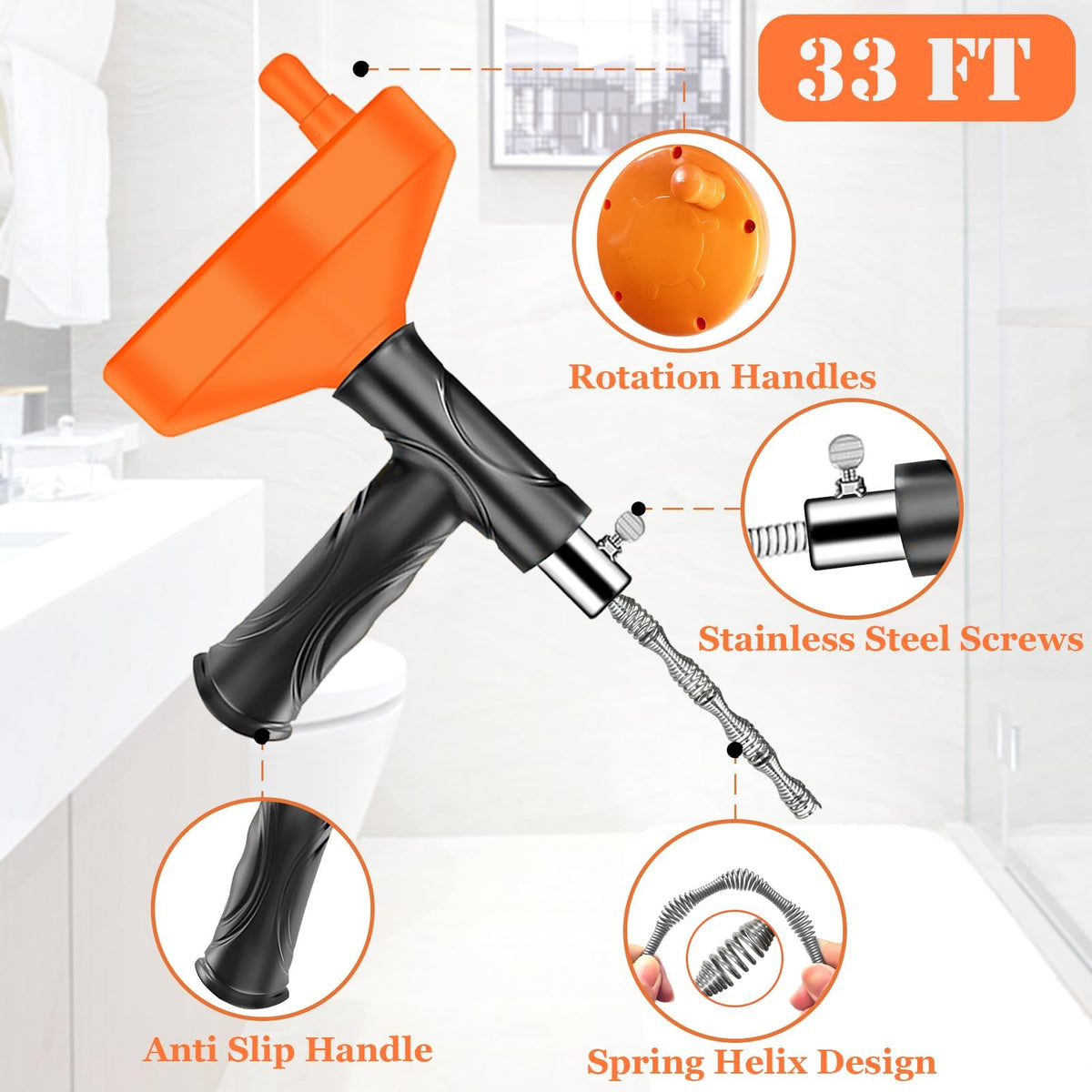 Qwatuy Drain Snake with ergonomic pistol grip simplifies clog removal.
