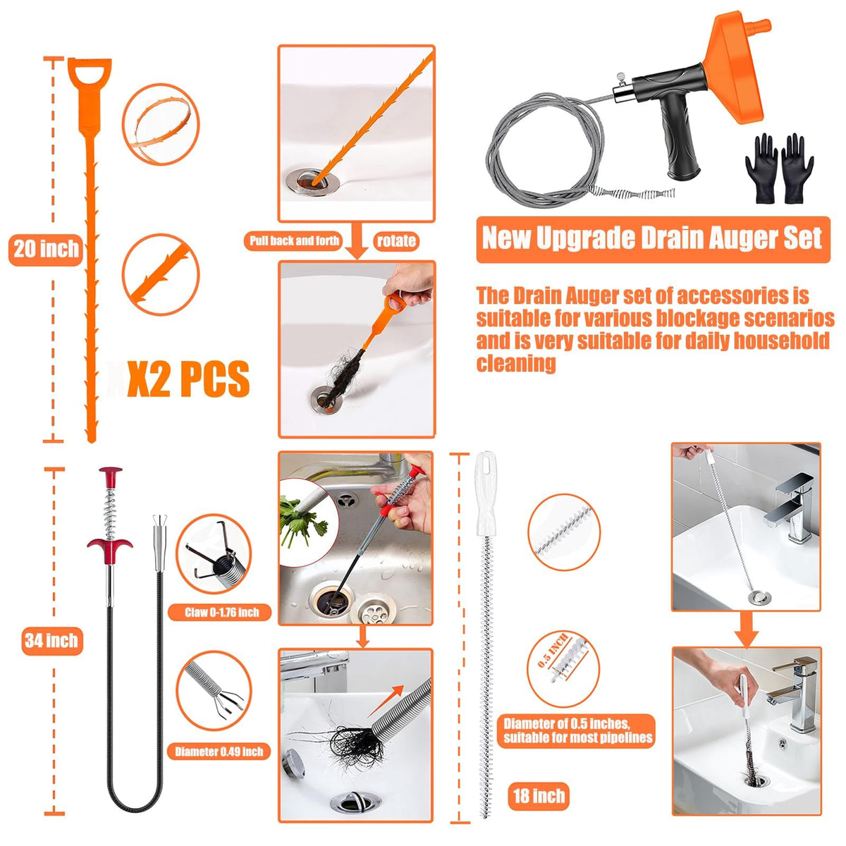 Qwatuy Drain Snake is versatile for kitchen, bathroom, sewer, and floor drains.