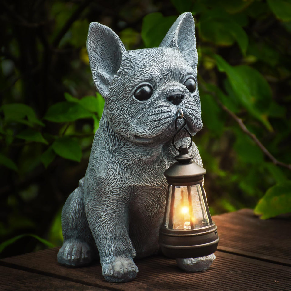 Qwifyu solar dog statue with lantern boosts outdoor illumination.