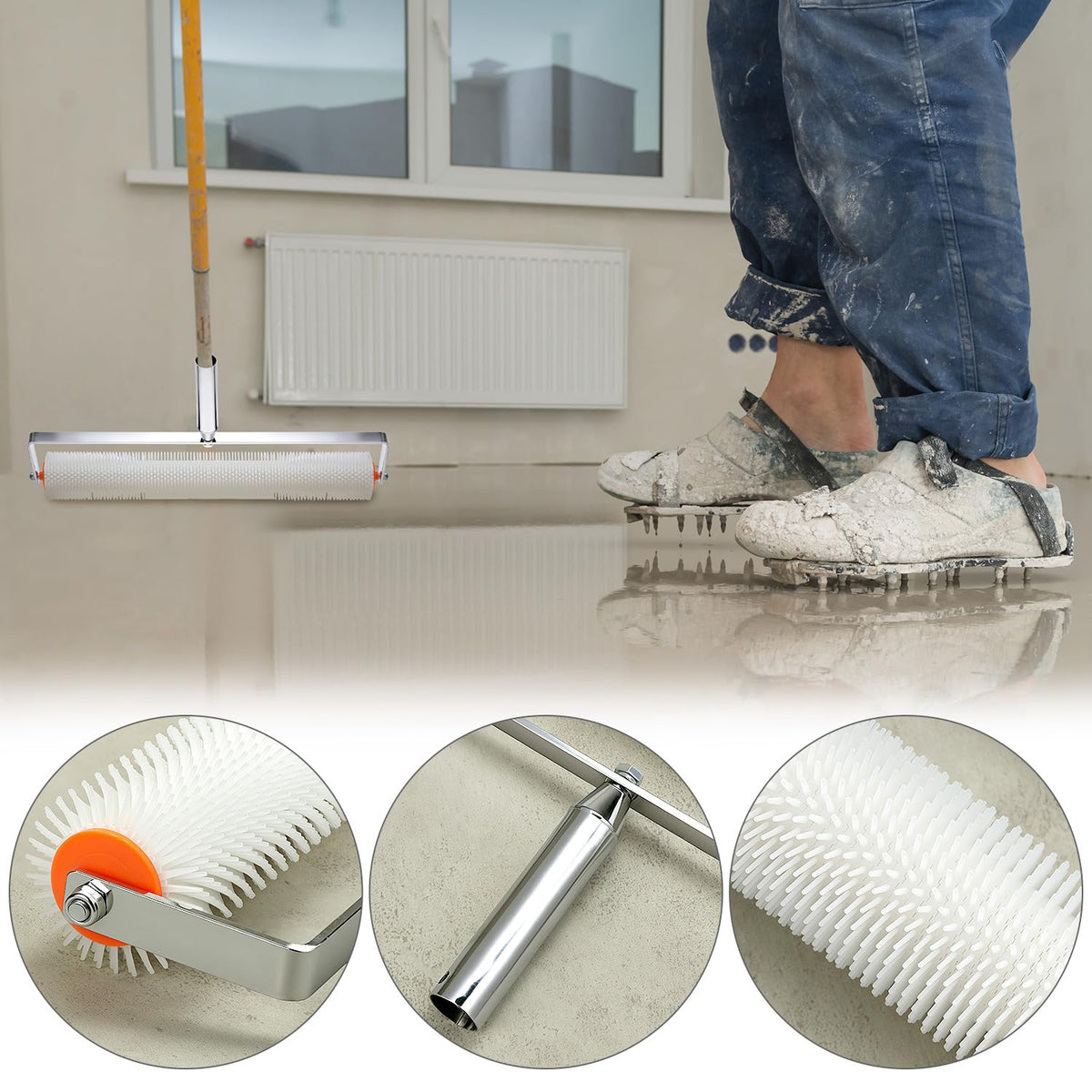 QWORK 9-inch roller with needles for even cement spread.