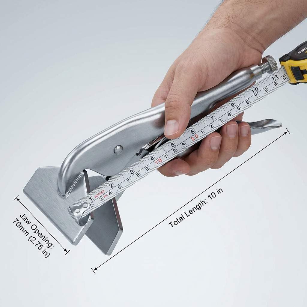 QWORK adjustable force clamp with screw knob grips 1.0–3.0 mm sheet metal.