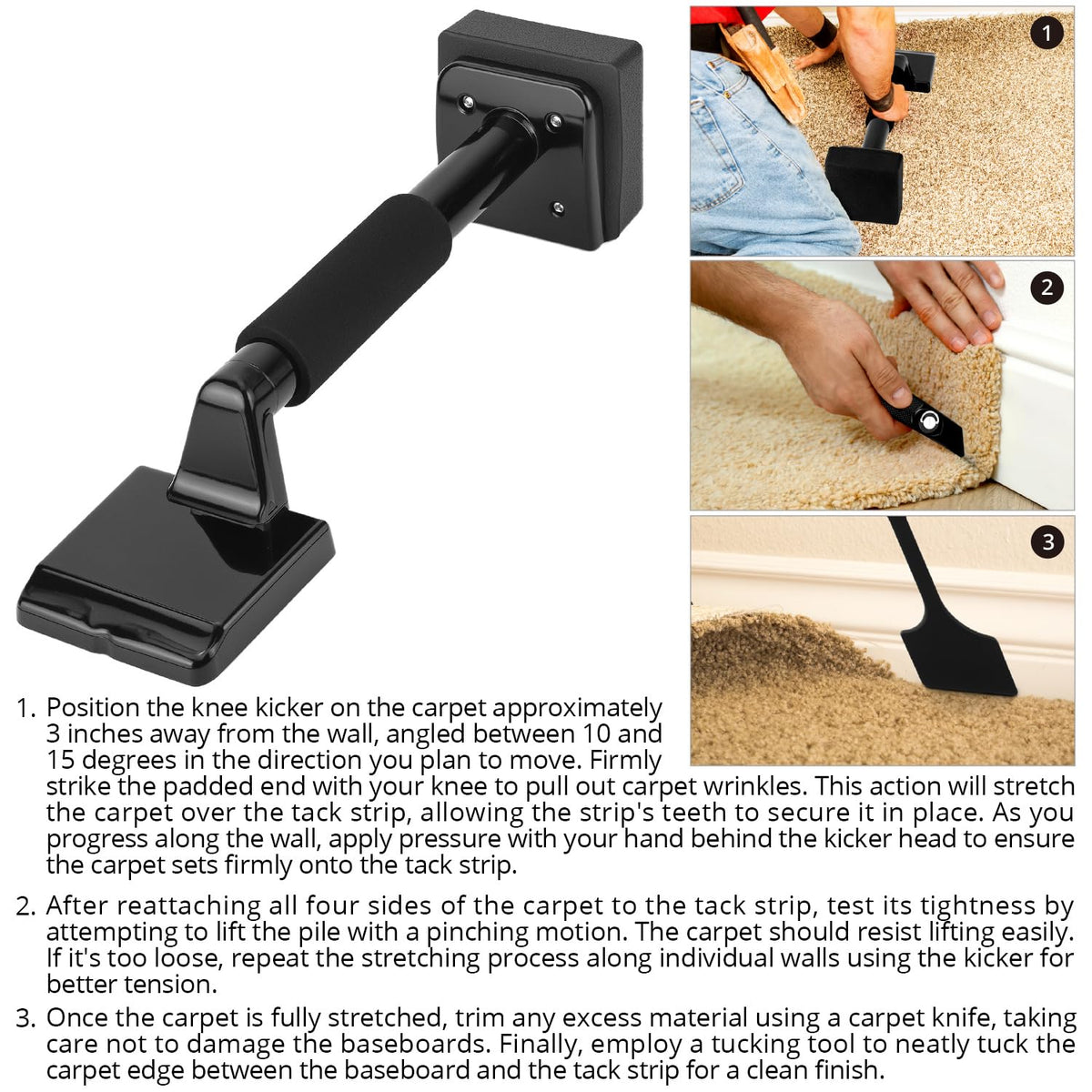 QWORK knee kicker teeth forward-angled for secure grip on carpet