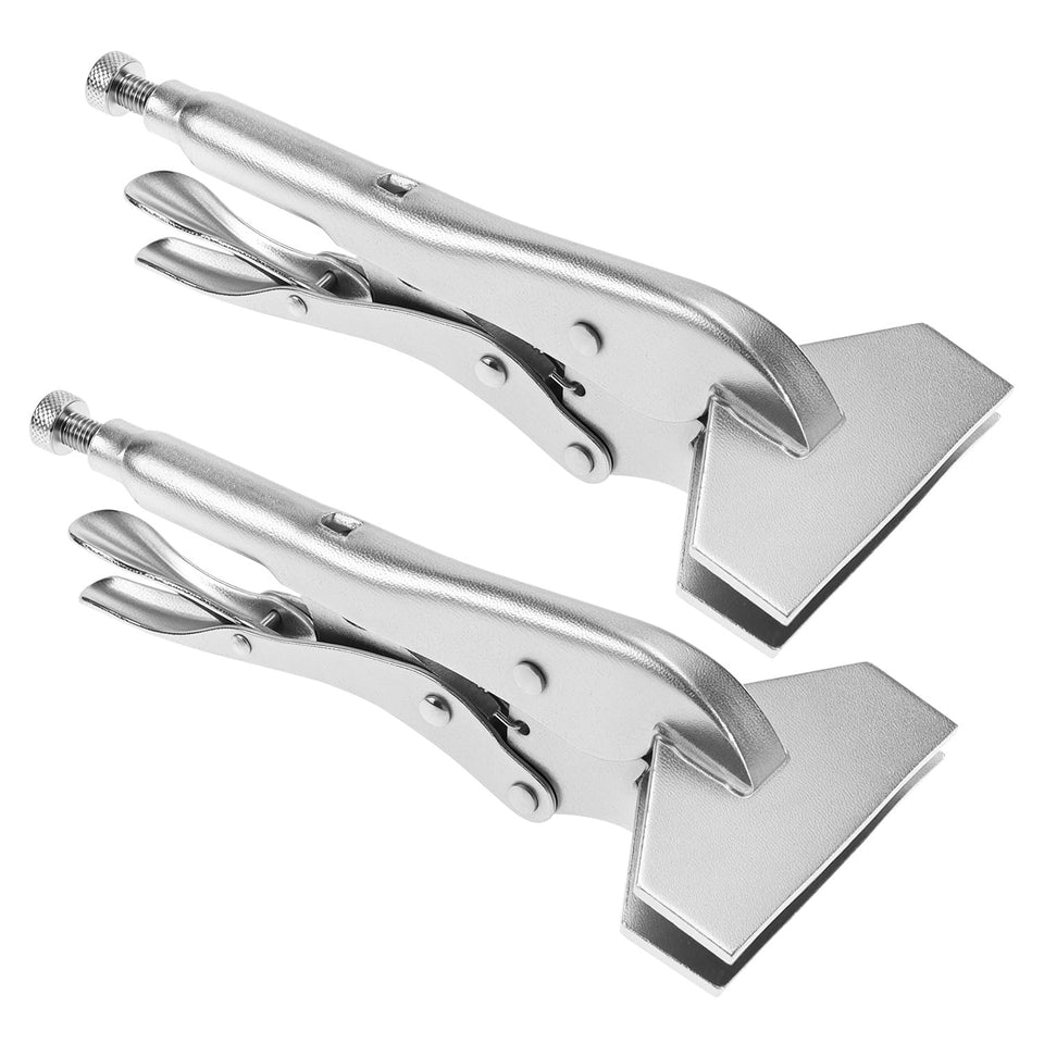 QWORK locking sheet metal clamp 8in close-up shows precise jaws for secure bending.