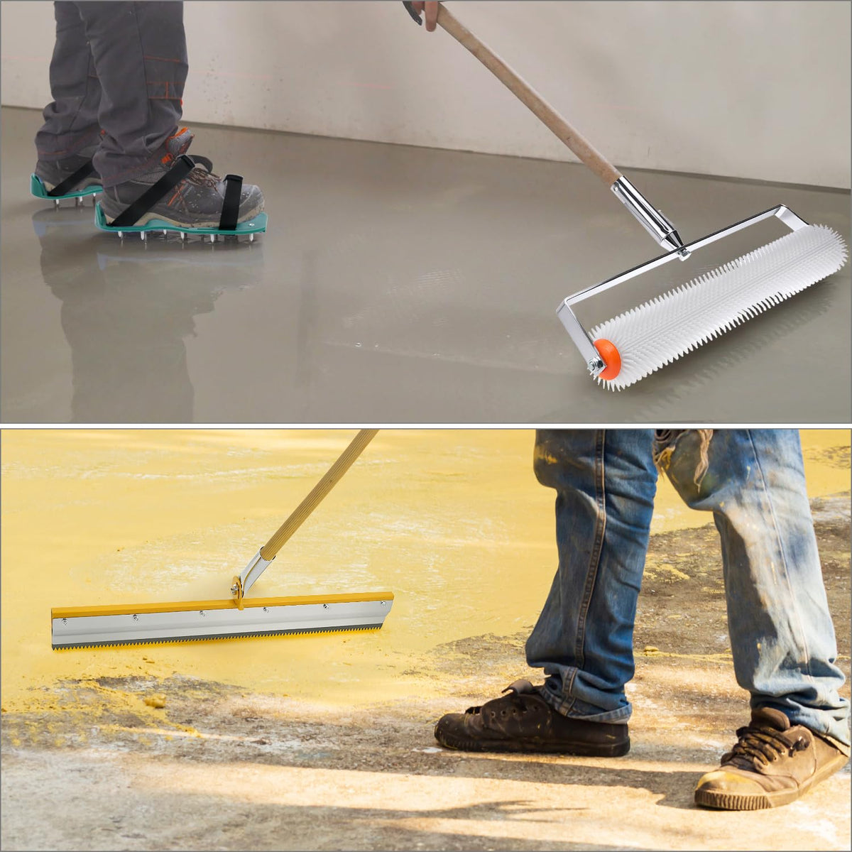 QWORK kit contents include rollers, scraper, rake, and shoes for leveling.