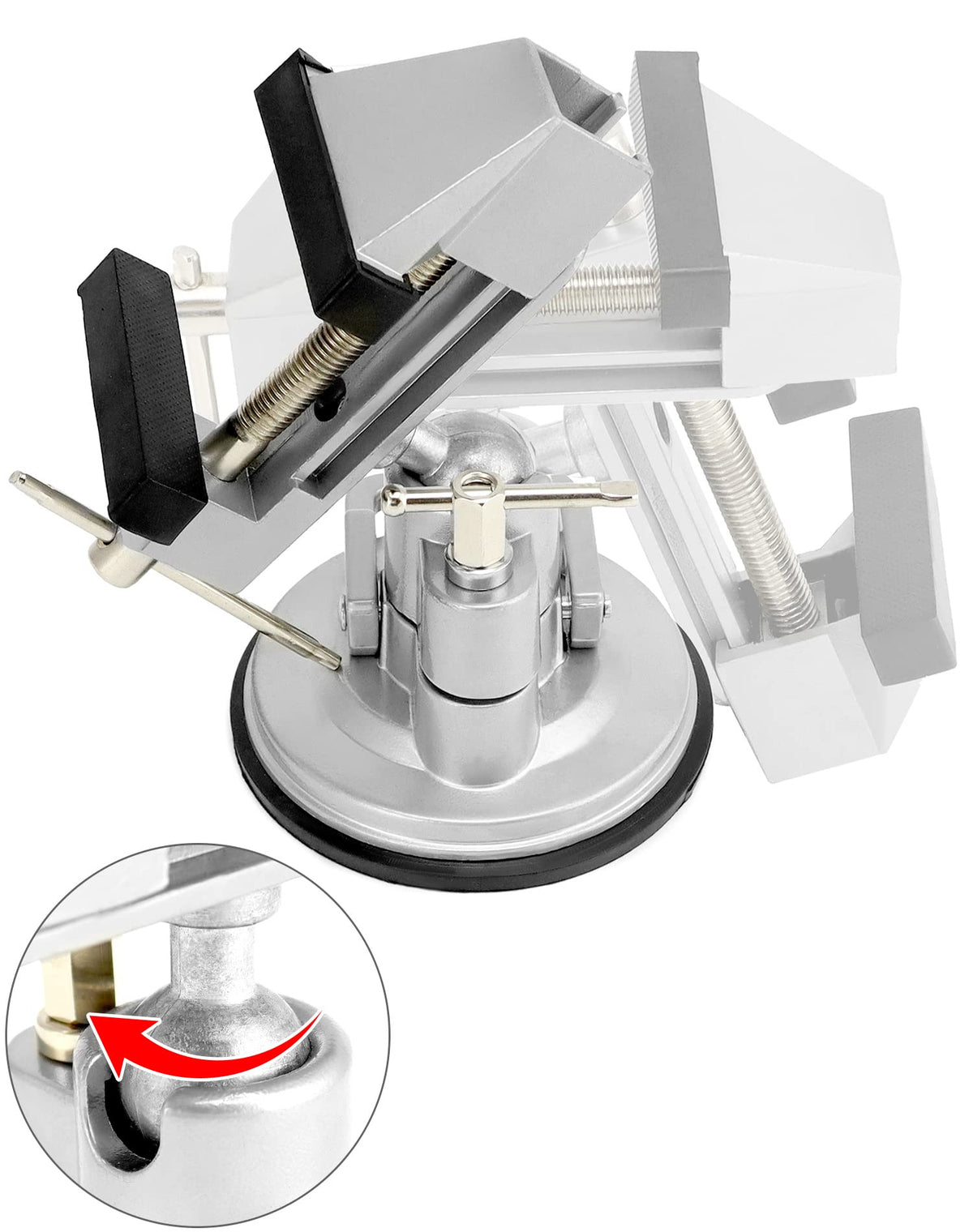 QWORK vacuum base vise demonstrates 360-degree rotation for flexible positioning.