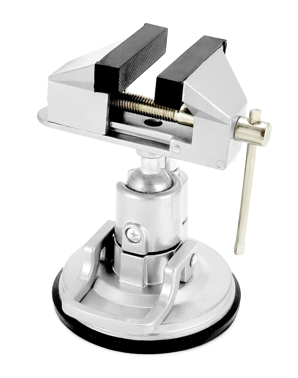 QWORK portable vacuum base vise with 360-degree rotation for precise part alignment on smooth surfaces.
