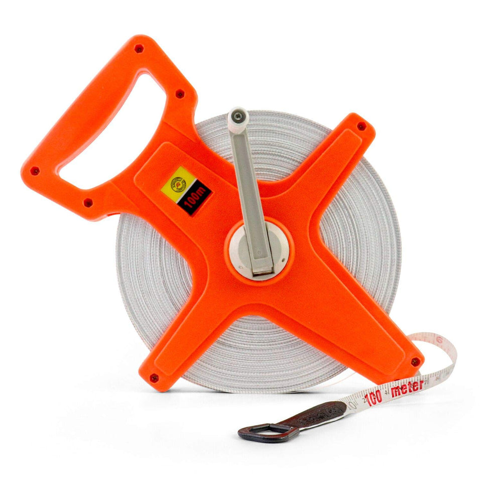 QWORK tape measure with open reel 330ft for outdoor projects.