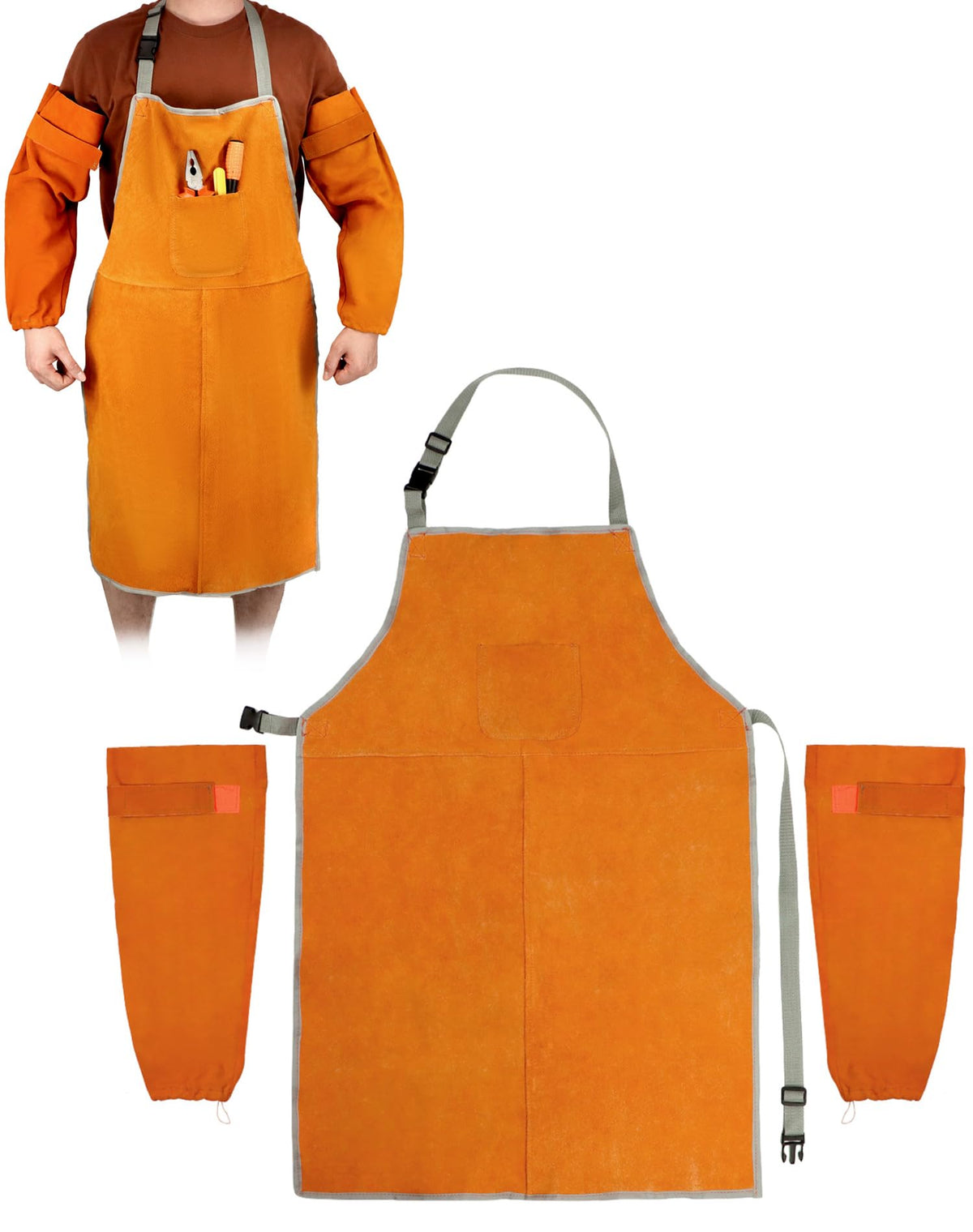 QWORK welding sleeves and apron combination shields clothing from sparks and heat.