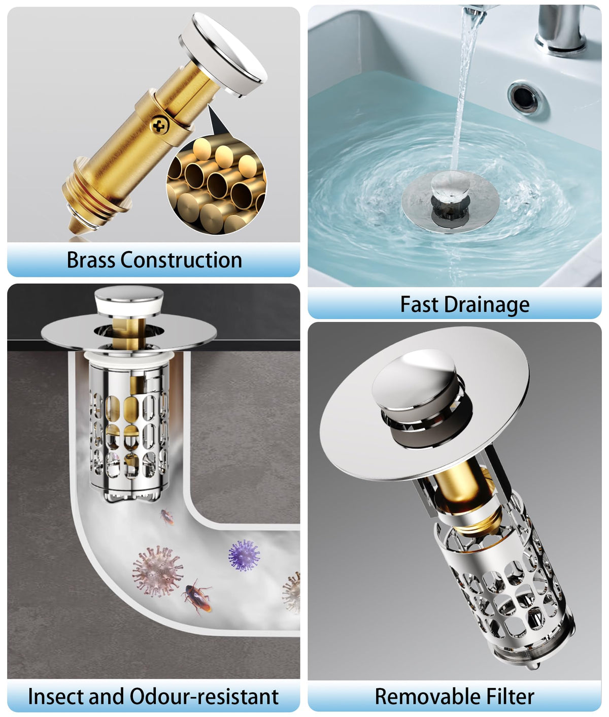 QYHNYJF stopper dual outlets promote faster drainage for quick sinks.