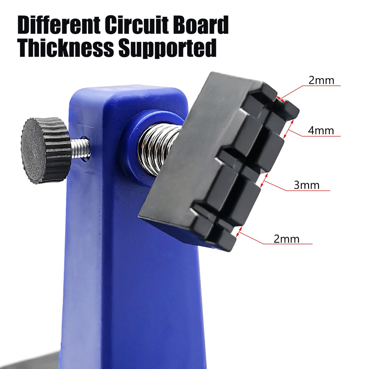 QYQRQF adjustable soldering clamp side view emphasizing width adjustment and stability.