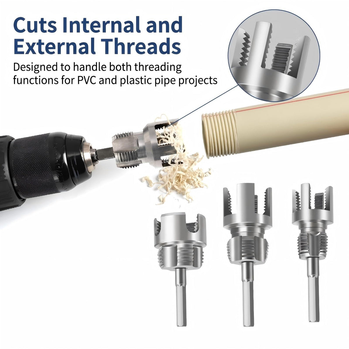 QYXLZUR compact drill attachment for PVC threading kit in use