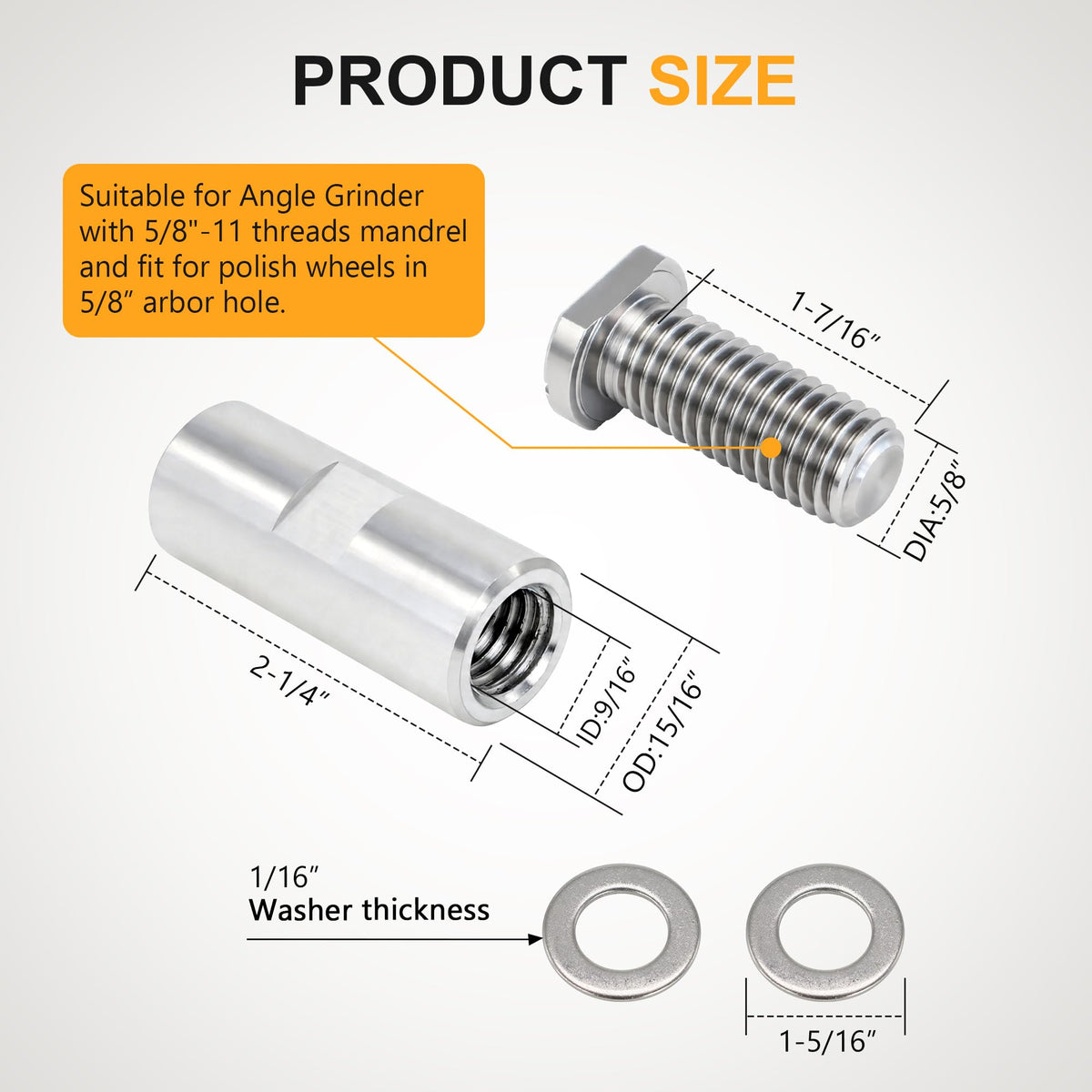 QZATTCAEN buff extender shows 5-8in arbor compatibility for versatility.