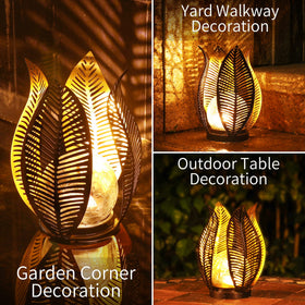QZGE metal palm leaf solar light adds elegant garden decor touch.