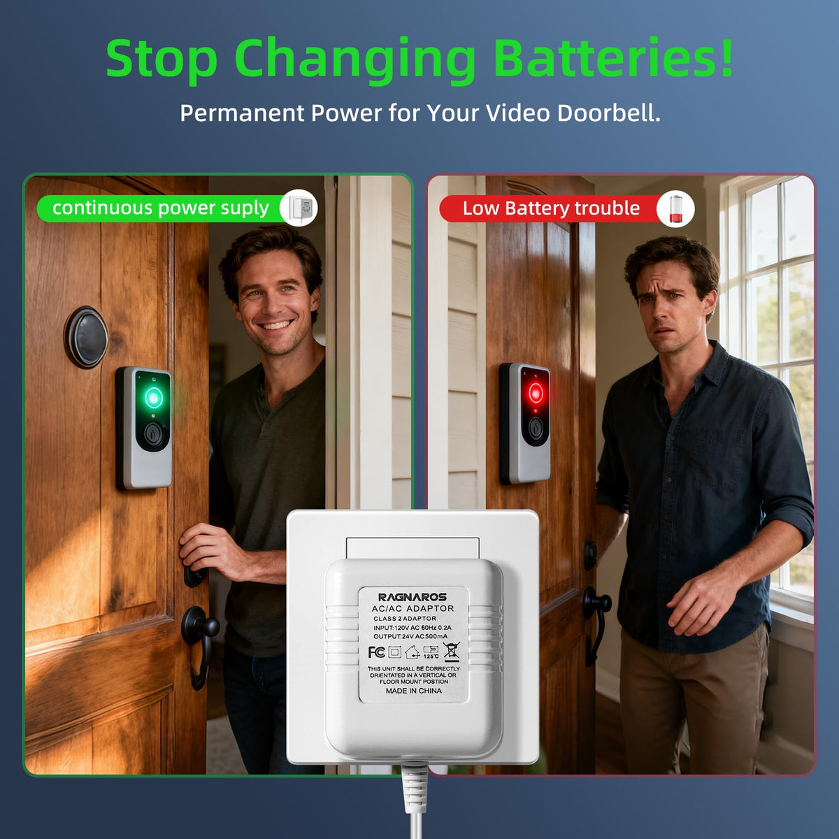 RAGNAROS 18ft cable powers doorbells from indoors for easy installation.