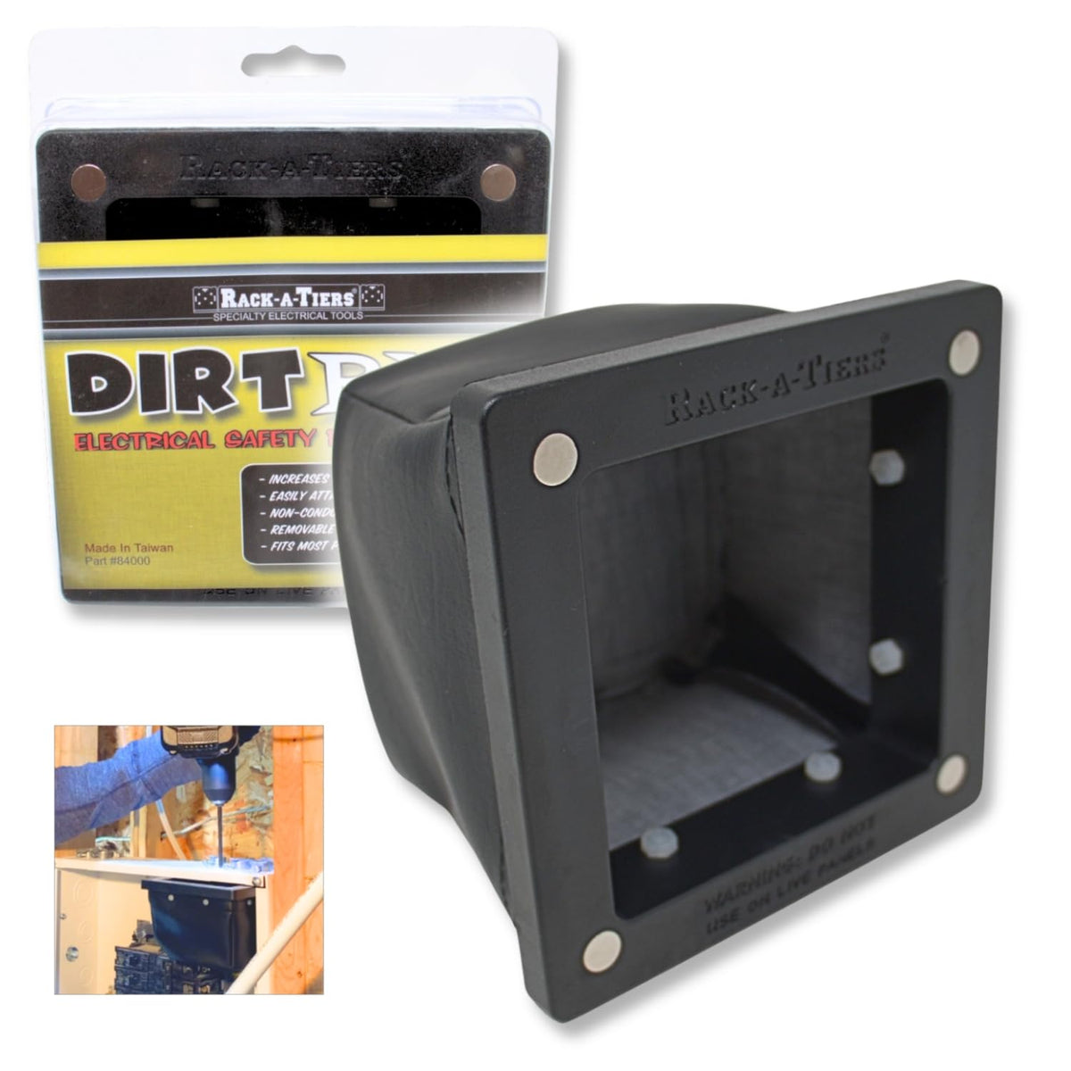 Rack-A-Tiers Dirt Bag front view shows rugged exterior for mess-free drilling in tight spaces