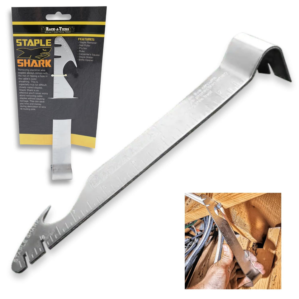 Rack-A-Tiers Staple Shark removes stubborn staples in tight spaces.