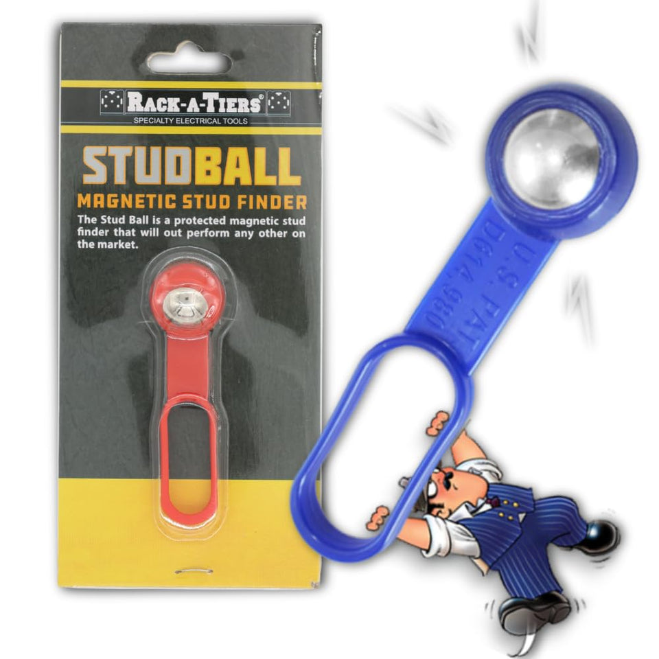 Rack-A-Tiers Stud Ball detects metal through drywall for quick wall planning.