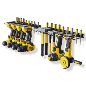 RacKeaLsi drill holder on wall mount keeps drills organized and accessible.