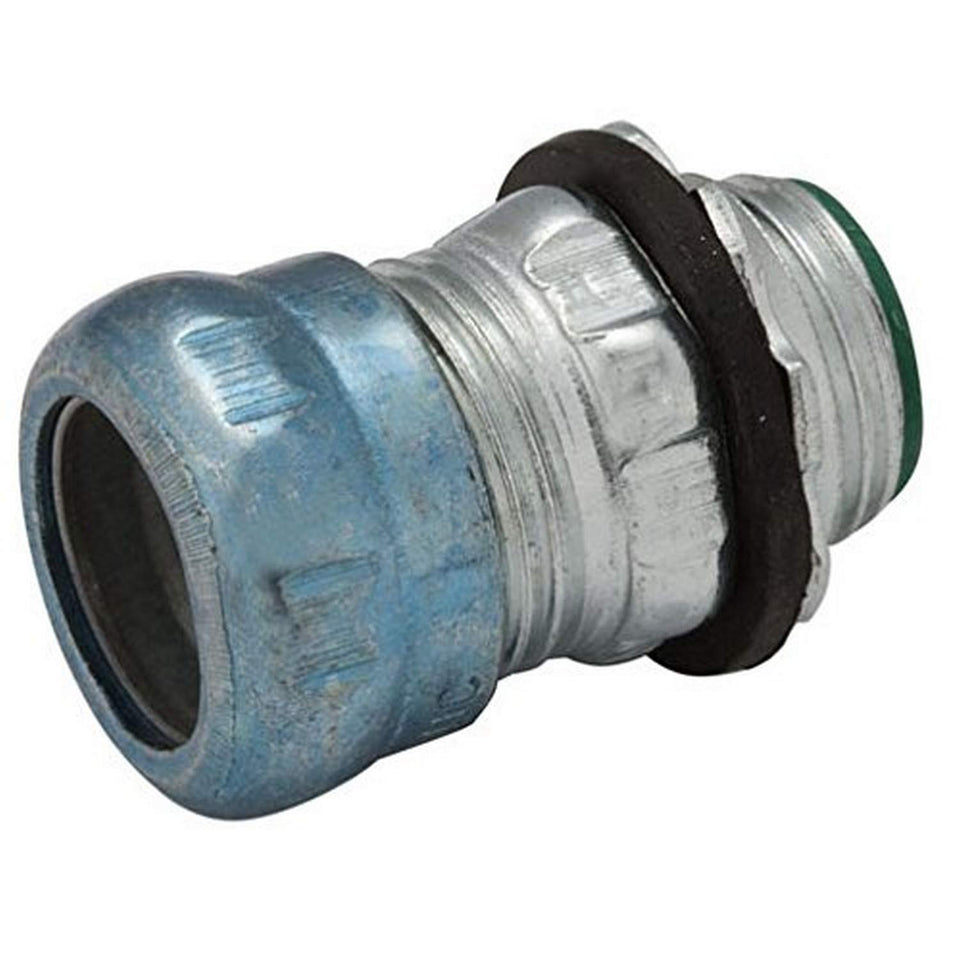 RACO 2913RT steel EMT compression connector in rain-tight insulated design for wet-location installations.
