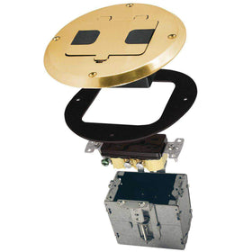 RACO 6239BP brass recessed duplex floor kit with 15A TR outlet for safe furniture placement.