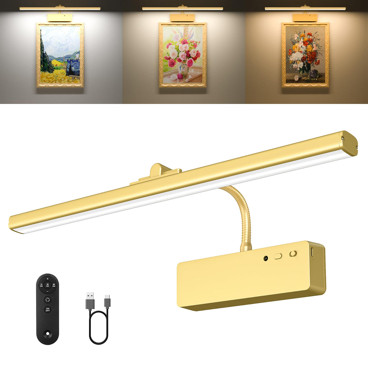 Racokky gold-finish picture light mounted on wall highlighting artwork