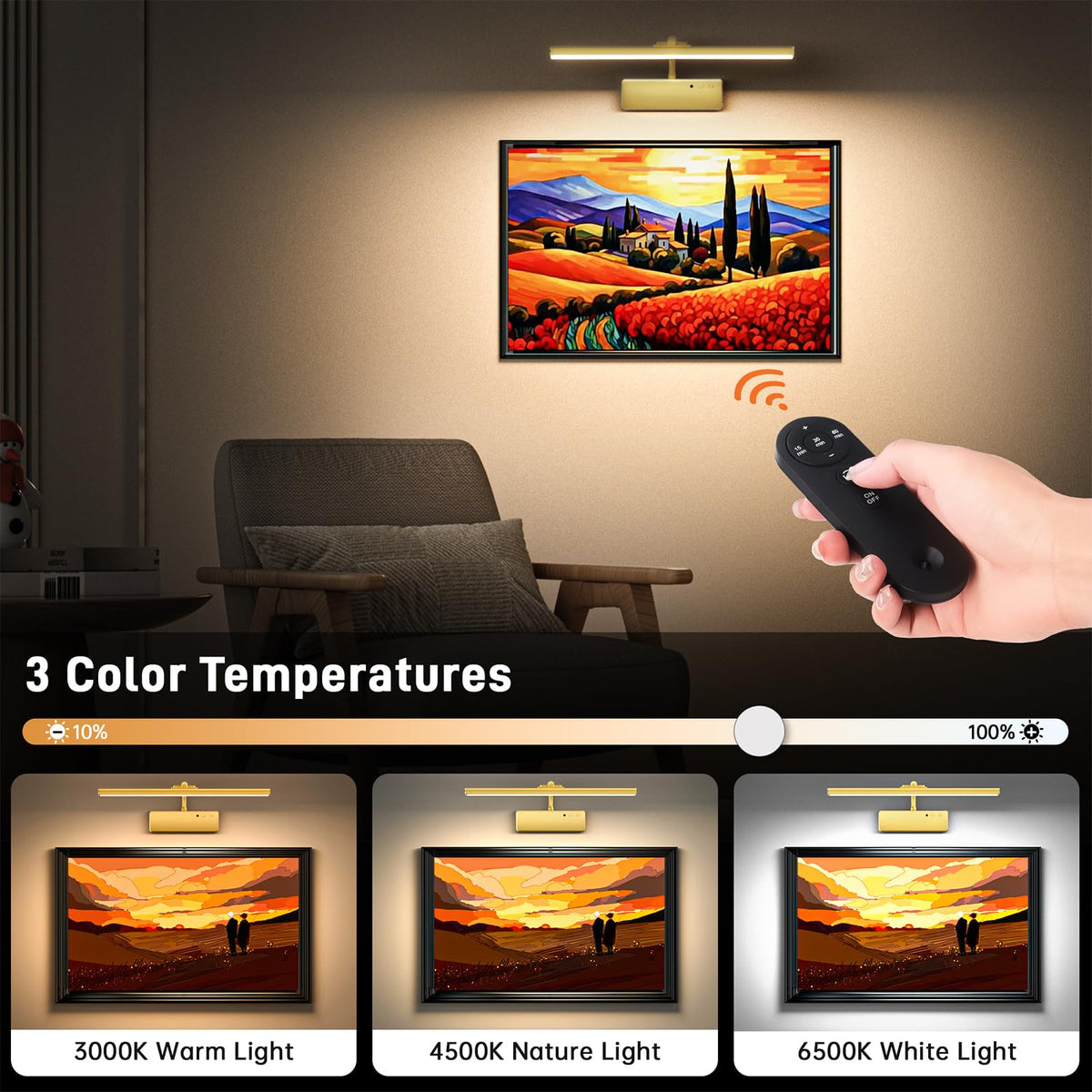 Racokky picture light with remote control for easy art lighting adjustments