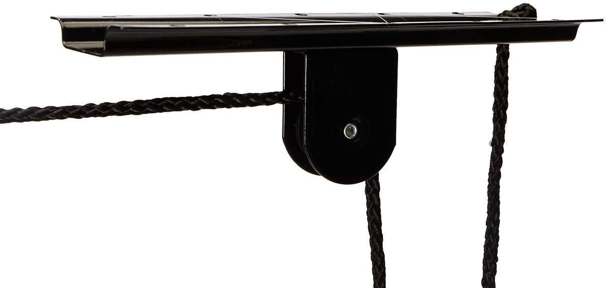 RAD Sportz bicycle hoist in garage provides space-saving ceiling storage for bikes and ladders.