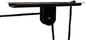 RAD Sportz bicycle hoist in garage provides space-saving ceiling storage for bikes and ladders.