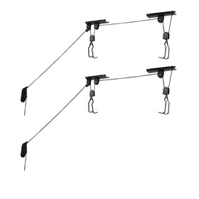 RAD Sportz bicycle hoist installation demonstrates secure ceiling mounting for garage storage.