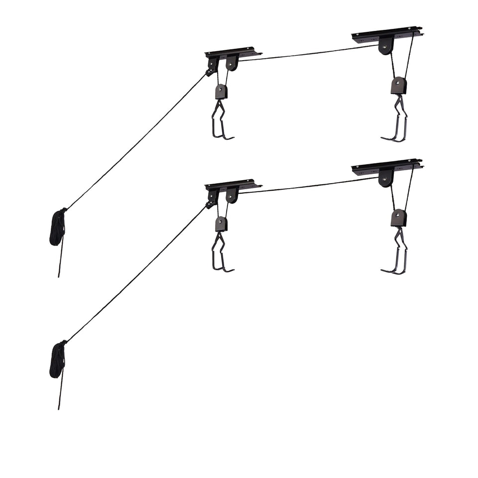 RAD Sportz bicycle hoist installation demonstrates secure ceiling mounting for garage storage.