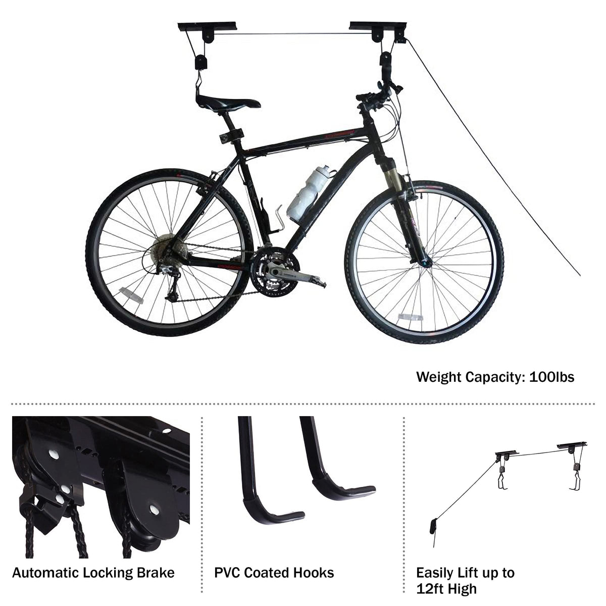 RAD Sportz bicycle hoist lifting action safely raises a bike to the ceiling.