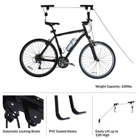 RAD Sportz bicycle hoist lifting action safely raises a bike to the ceiling.