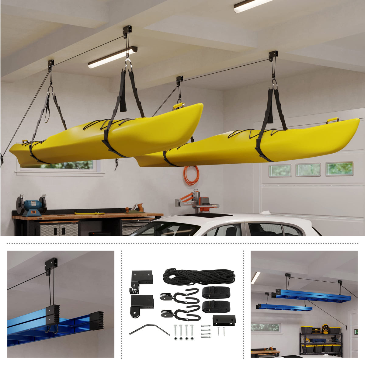 RAD Sportz garage hoists include mounting hardware for easy setup.
