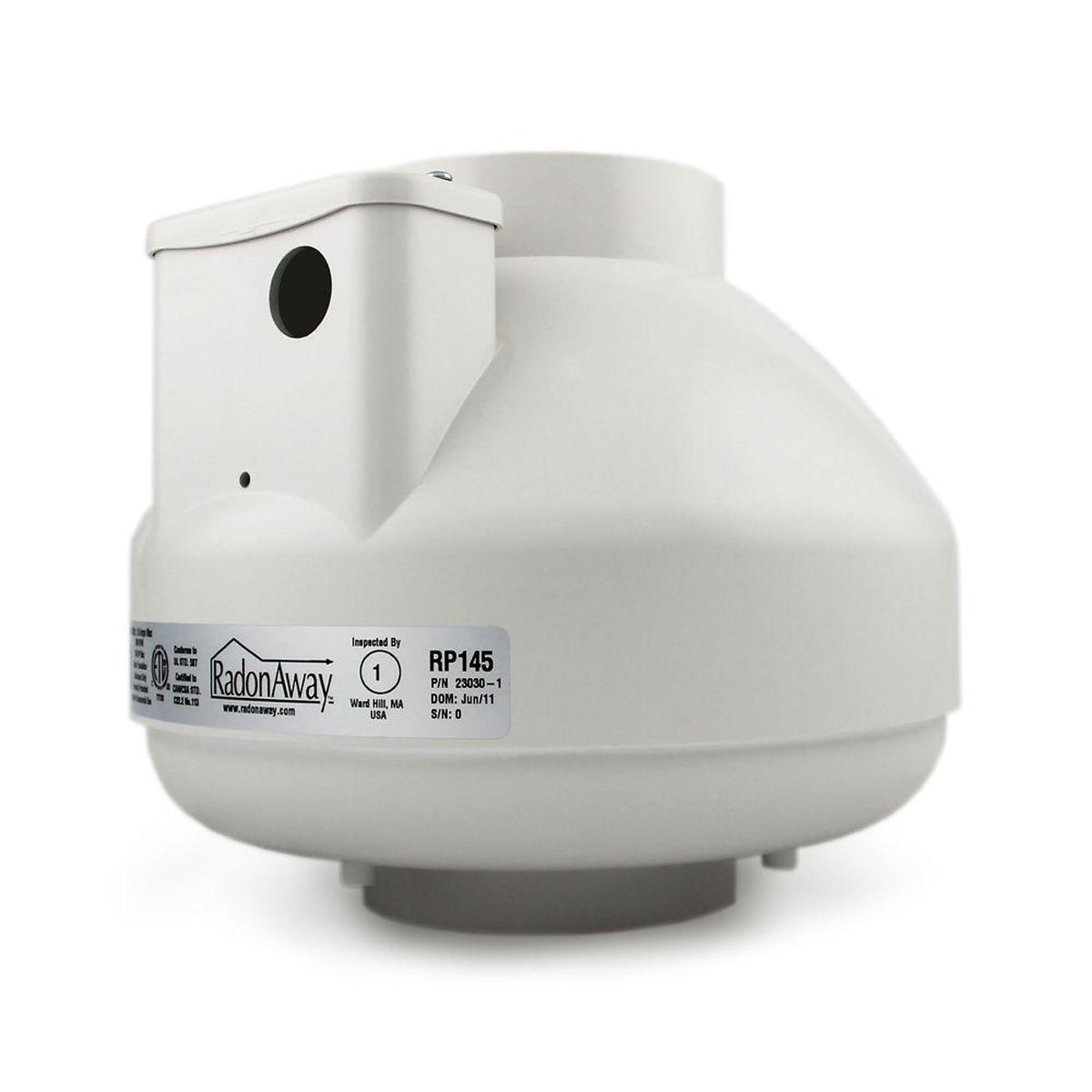 RadonAway RP145C fan front view showing compact design for residential or commercial use.