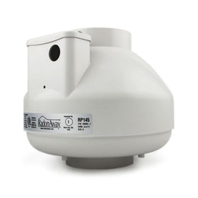 RadonAway RP145C fan front view showing compact design for residential or commercial use.