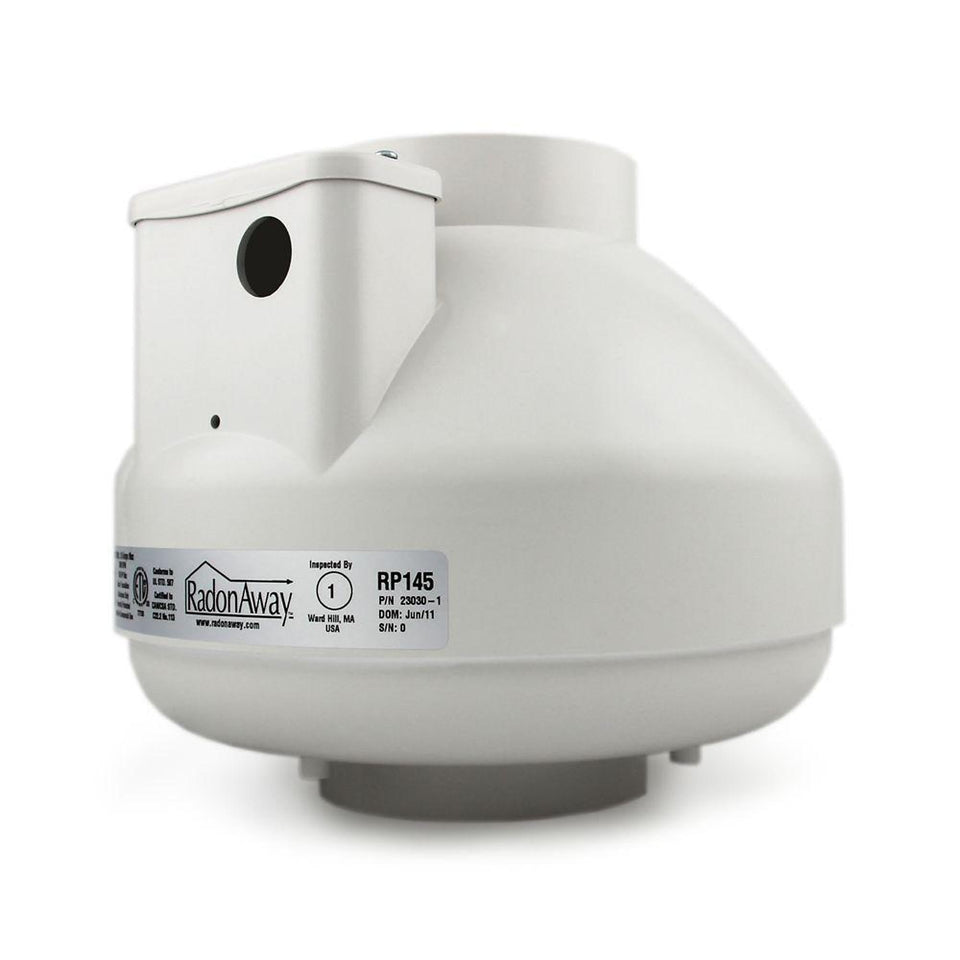 RadonAway RP145C fan front view showing compact design for residential or commercial use.