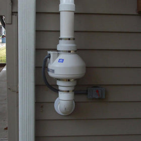 RadonAway RP145C 4.5-inch inlet/outlet detail for retrofit-ready design.